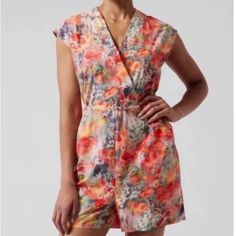 Athleta Floral Multicolor Surplice Romper - Pink, Orange, Yellow